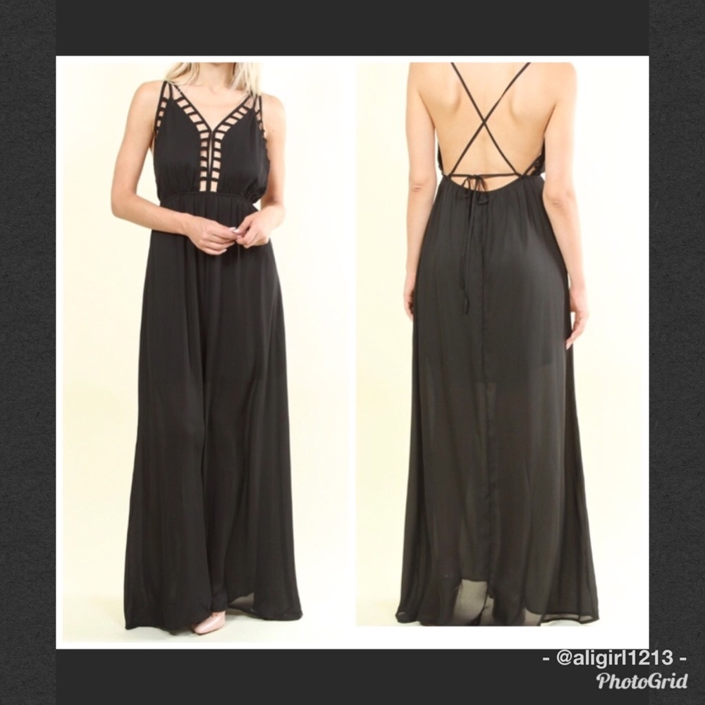 Last 1 - Black Maxi Dress With Semi Sheer Skirt - Picture 1 of 6